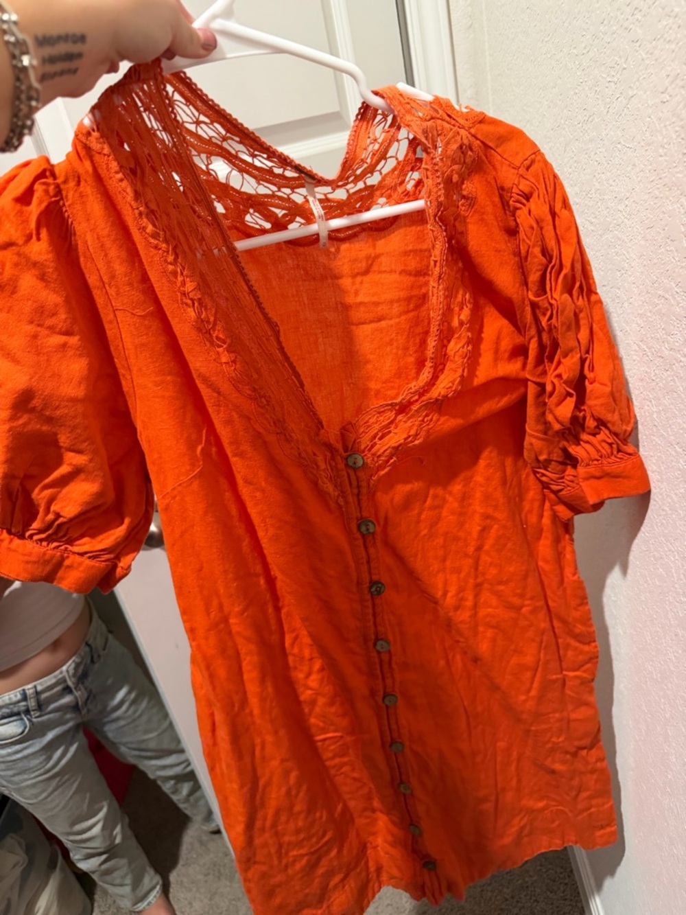 Free People Orange Button-Front Mini Dress with Lace Yoke